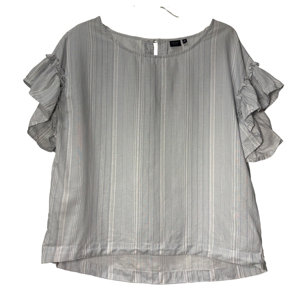 Kaari Blue Womens Linen Blend‎ Striped Ruffle Sleeve Blouse Blue/White - Large